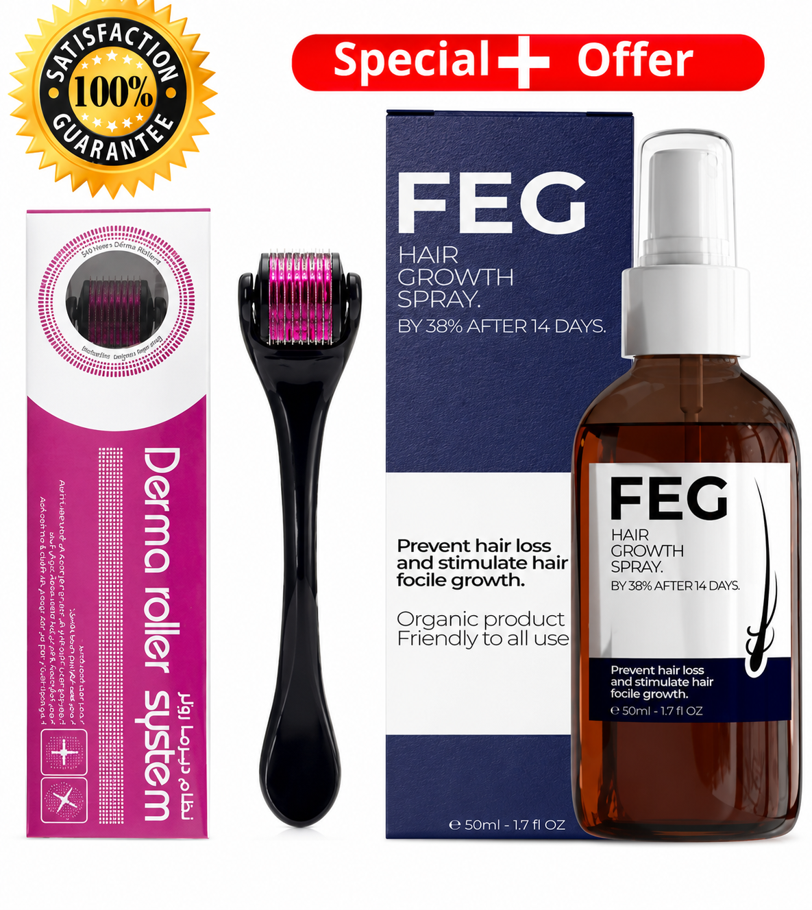 Pack of 2 FEG Hair Growth Spray Plus Derma Roller, Suitable For Both Men and Women